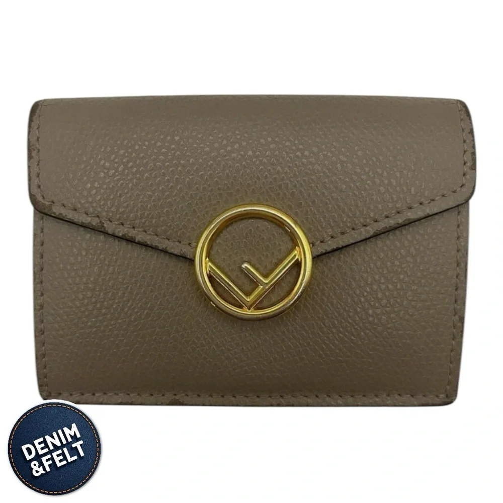 Fendi Textured Cruise Leather Micro Trifold Compact Wallet in Khaki | PRELOVED!!